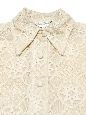 Vintage 60s 70s Chessa Davis Ivory Crochet Lace Button Up Shirt Long Sleeve Top